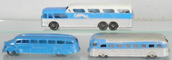 3 TOOTSIETOY GREYHOUND BUSES: 709, w/closed rear wheels, 1045, 3751, C5-6.