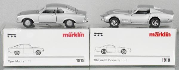 MARKLIN 1818 CAR SET: die cast, w/Opel Manta & Chevy Corvette, both silver, orig boxes, C9.