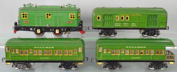 AMERICAN FLYER TRAIN SET: O ga, 3015 loco, 3080 baggage, 3081 Pullman, 3085 obsv, orig boxes & set box minor wear, C7.