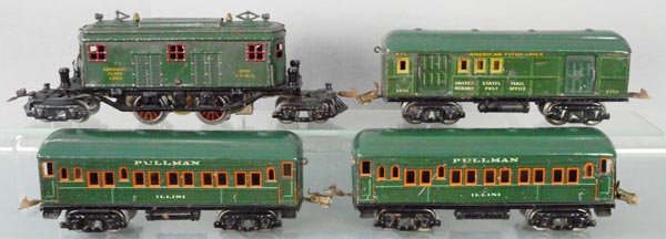 AMERICAN FLYER TRAIN SET: O ga, 3020 loco, 1 pantograph broken, 3000 baggage, 2 #3001 Pullmans, 3 car roofs restored, C5-6.