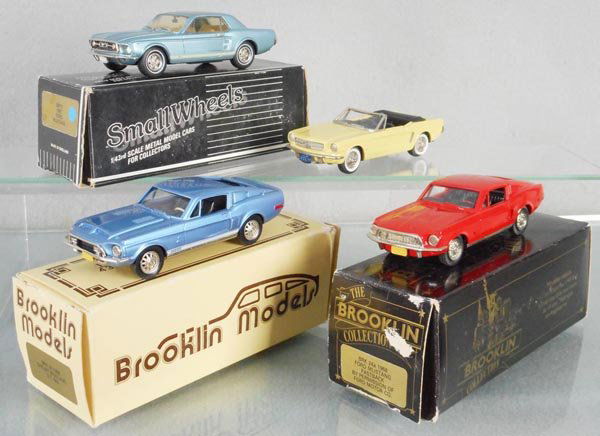 4 BROOKLIN MUSTANGS: die cast, SW10 ’67 Coupe, BRK24 ’68 Shelby, BRK24A ’68 Fastback, BRK56 65 Convertible, orig boxes minor wear, C8-9.