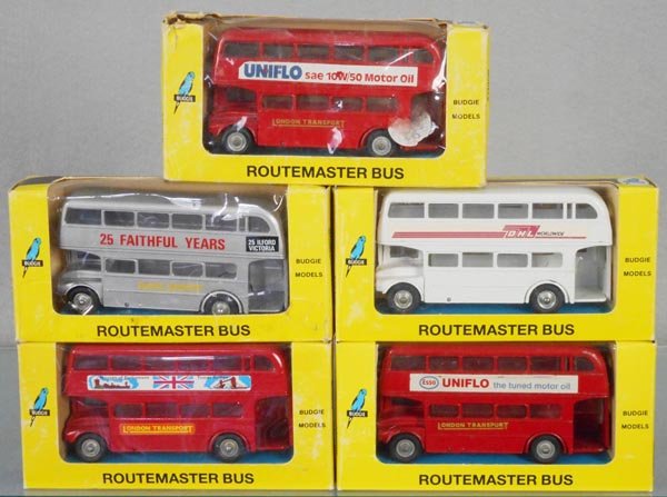 5 BUDGIE DOUBLEDECKER BUSES: 2 w/minor decal wear, orig boxes minor wear to worn, 2 are C7-8. 3 are C9-10.