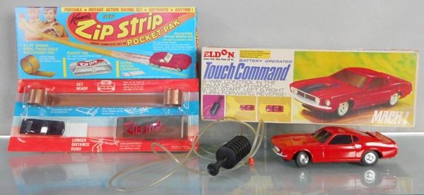 2 MUSTANG TOYS: plastic, Kenner Zip Strip Set, factory sealed on orig card, Eldon Mach 1 Set, battery operated, not working, orig boxes minor wear, C9-10.