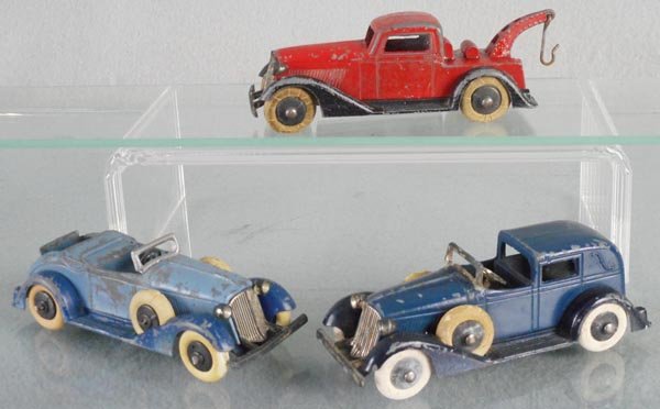 3 TOOTSIETOY GRAHAMS: 806 Wrecker, some glue spots, 611 Roadster, 616 Town Car, windshield frame glued, C4-5.