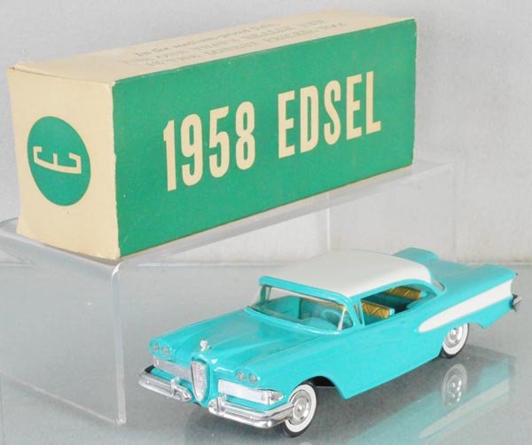 AMT 1958 EDSEL PACER PROMO: turquoise & white w/imprinted bottom, friction working, minor warp, orig box minor wear, C8.