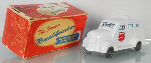 BRINKS ARMORED TRUCK BANK: die cast, 8â€ long, minor decal edge wear, orig box rough, C9.