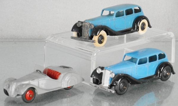 3 DINKY AUTOS: 2 #36A Armstrong Siddeley Sedans, 38A Frazer Nash BMW, C6-7.