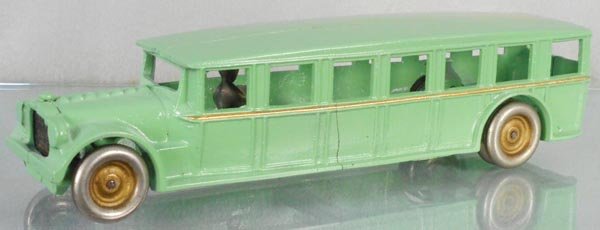 ARCADE FAGEOL SAFETY COACH: painted cast iron, 12â€ long, crack under 3rd window, restored, C8-9.