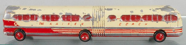 KAISER 1946 COACH BUS: sandcast aluminum, 17 1/2â€ long, paint worn, actual model used in promo book, C4-5.