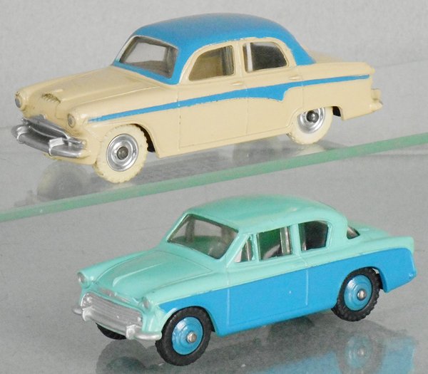 2 DINKY AUTOS: 176 Austin A105, beige & blue, w/concave hubs, 166 Sunbeam Rapier, blue & turquoise, C10.