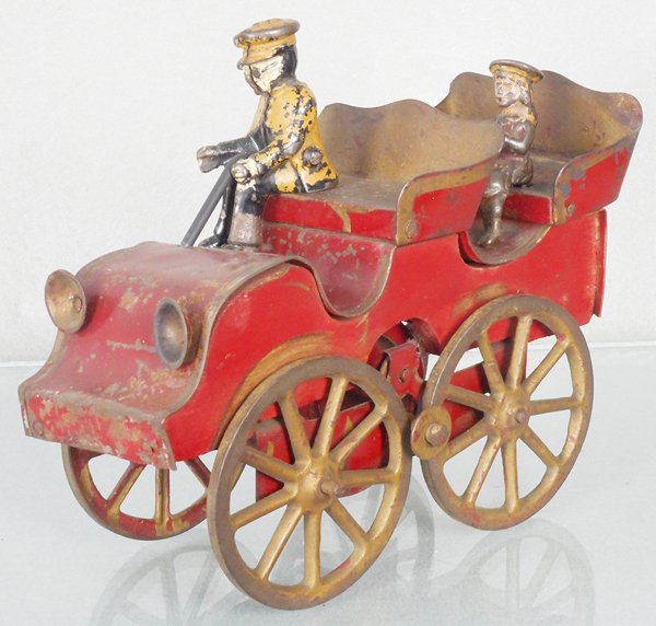 HILLCLIMBER AUTO: painted pressed steel & wood, working, 7 1/2â€ long, replaced steering wheel, C6.