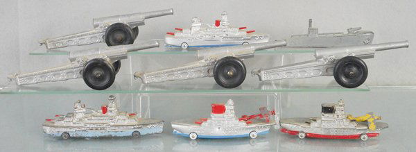 BARCLAY & MANOIL DIMESTORE VEHICLES: Barclay 4 Cannons, 4 Ships, 1 airplane has a broken wing, 1 ship has a broken gun, Manoil Submarine, C5-6.