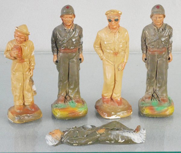 5 MILLER SOLDIERS: painted plaster, some small chips, 4 in to 5 in tall, C6-7.