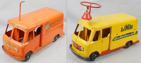 2 ROBERTS ADVERTISING TRUCKS: painted pressed steel, 22 in long, 1 missing steering wheel & ladders, doors intact, decals worn, C4.