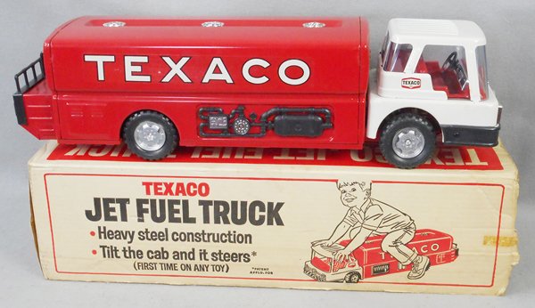 PARK PLASTICS TEXACO JET FUEL TRUCK: painted pressed steel, 23 in long, orig box missing 1 end, C8.