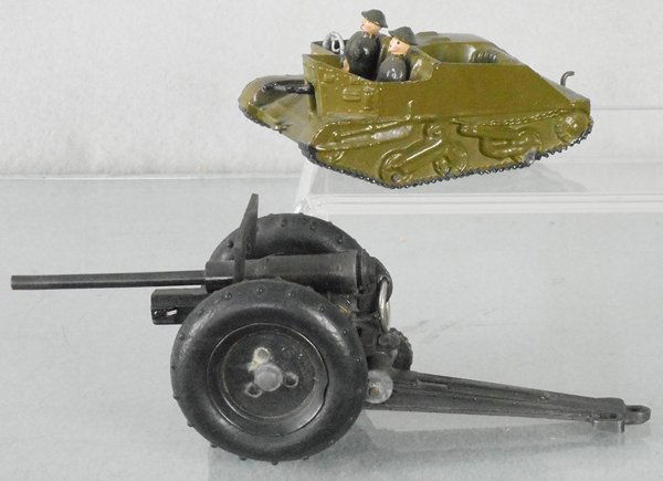 2 TOY ARMY VEHICLES: Britains 1876 Bren Gun Carrier w/Bren gunner & driver, missing 3rd crew member, Solido Cannon, ca 1936, rubber tires, shoots caps, C8.