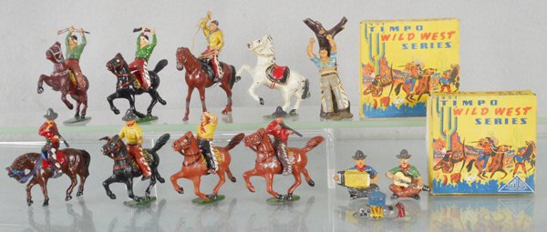 TIMPO WILD WEST SERIES: 10 Cowboys, 1 is tied to tree, 8 Horses, pot on campfire, 1 pistol tip broken off, 2 orig boxes only, minor wear, C7-8.