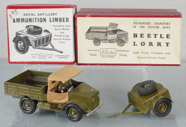 2 BRITAINS MILITARY VEHICLES: 1726 Ammunition LImber, 1877 Beetle Lorry, 1 tire punctured, orig boxes & insert, C7-8.