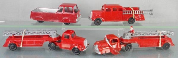 4 TOOTSIETOY FIRE VEHICLES: Ford Econoline, Mack Hose Car, Mack & International Hook & Ladders, C5-7.