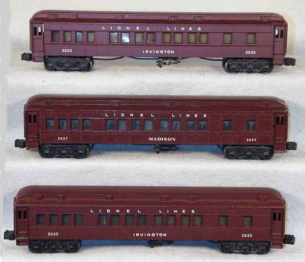 3 LIONEL MADISON CARS: O ga, 2 #2625 Irvington coaches, 1 has 1 step poorly reattached, 2627 Madison coach, all have minor playwear & paint chips, C6. Complete information covering terms, conditions, payment and shipping is