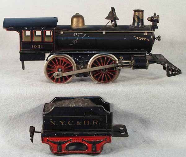 MARKLIN AMERICAN LOCO & TENDER not Bing: 1 ga, handpainted tin, 1031 electric loco, 2 small dents & paint flaking off the smokestack, NYC tender, C5. Complete information covering terms, conditions, payment and shipping is listed below. Plea