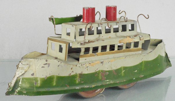 HILLCLIMBER BOAT: HILLCLIMBER BOAT handpainted tin, 13 in long, working, missing 3 lifeboats & 2 masts, C6.