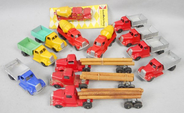 13 TOOTSIETOY MACK TRUCKS: 13 TOOTSIETOY MACK TRUCKS 7 Dump Trucks, 3 Cement Mixers, 1 factory sealed on orig card, 3 Log Trucks, C6-10.