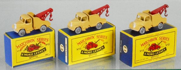 3 MATCHBOX BEDFORD WRECKERS: 13A1, no number cast, 2 #13B2 gray wheels, orig boxes, 3 versions, C9.