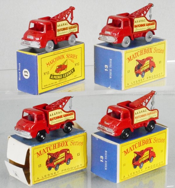 4 MATCHBOX THAMES WRECKERS: 1961, all 4 versions, 13C1, 13C2, 13C3, 13C4, 1 decal has minor wear, orig boxes minor wear, 1 incom, 2 versions, C8-9.