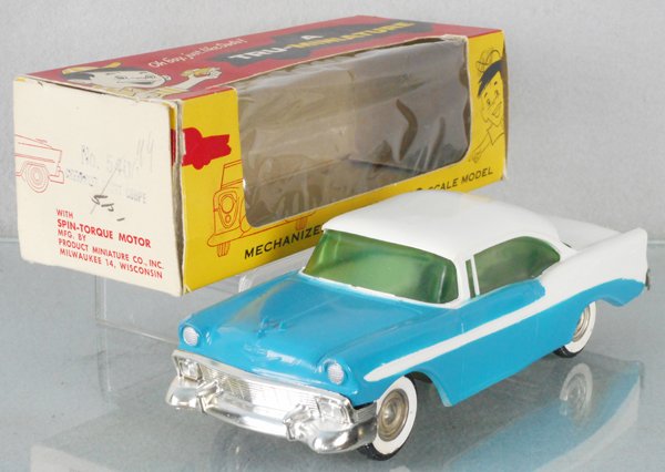 PMC 1956 CHEVROLET BEL AIR PROMO: turquoise & white, friction working, orig box minor wear, C9.