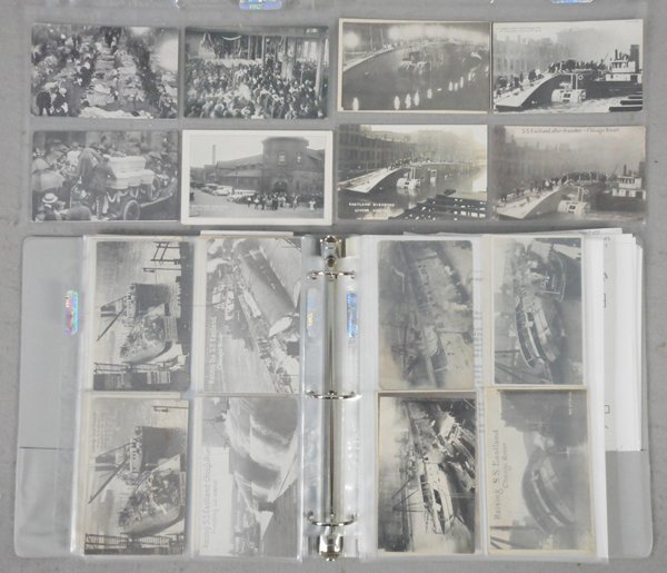 97 EASTLAND DISASTER POSTCARDS: 40 are pre-disaster, 57 are disaster cards, w/2 wreck pamphlets & a worn Western Electric Newsletter from Aug 1915, C5-8.
