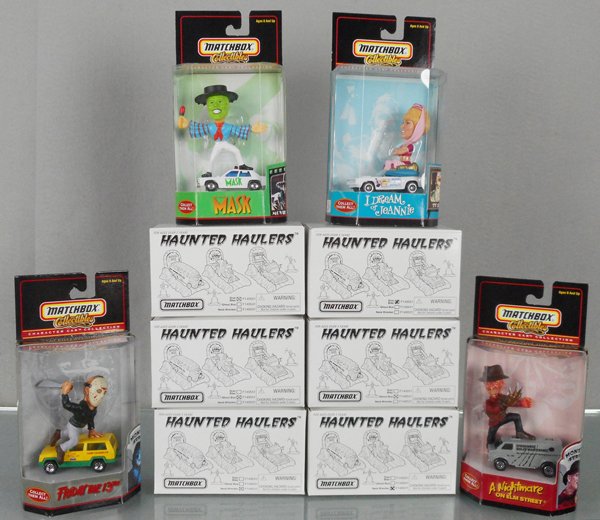 10 MATCHBOX COLLECTIBLES: Haunted Haulers include 2 Drac Bikes, 2 Ghoul Buses, 2 Neck Wreckers, Character Cars include I Dream of Jeannie, Friday the 13th, A Nightmare on Elm St, Jim Carrey in Mask, all are factory sealed in o