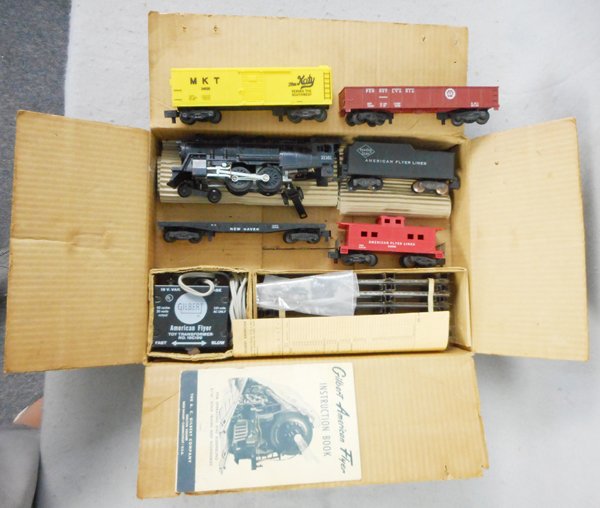 AMERICAN FLYER 20188 TRAIN SET: S ga, 21161 loco & tender, 24559 NH flat, 24130 PA gondola, 24030 box car, 24636 caboose, w/track & transformer, orig set box & inserts, C7-8.