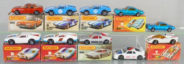 10 MATCHBOX SUPERFAST: 4C1 & 4C4 Firebirds, 7B19 Hairy Hustler, 8D1 Rover, 8C1, 8C7, 8C12 & 8C13 De Tomaso Panteras, 52C1 & 52D1 BMW M1s, 8 orig boxes only, C9.