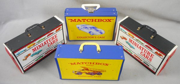 4 TOY CAR CARRY CASES: Matchbox1965 & 1966 48 car cases, #6 Quarry & #53 Mercedes, 2 Mattel 1966 cases, C8-9.