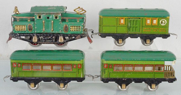 AMERICAN FLYER EXPLORER TRAIN SET: O ga, ca 1930s, 3110 electric loco, litho & handpainted tin, Great Northern baggage, Pullman & obsv, C5-6.