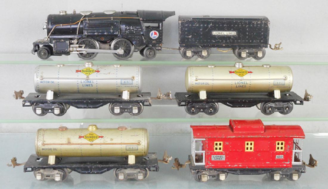 LIONEL TRAIN SET: O ga, 259E loco, 2689WX tender, 3 #1680 Sunoco tank cars, 657 caboose, C4-6.