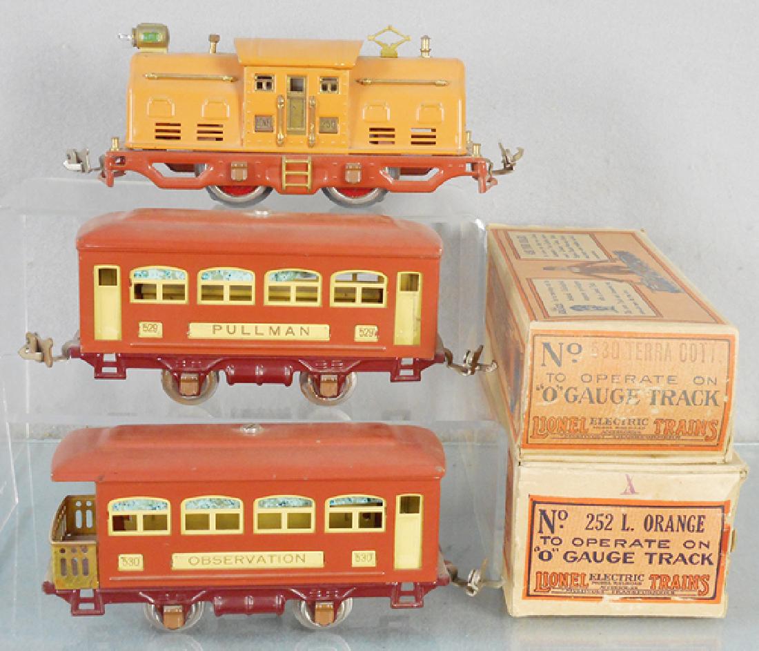 LIONEL TRAIN SET: O ga, 250 electric loco, terra cotta, 529 Pullman, 530 obsv, 2 orig boxes only, 1 worn, 1 incorrect, C6-7.