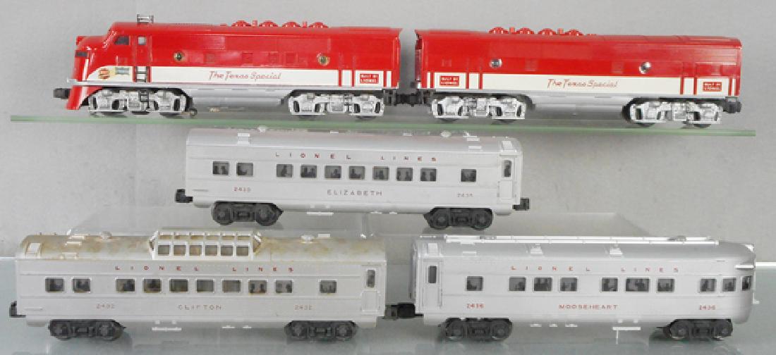 LIONEL 1520W TEXAS SPECIAL TRAIN SET: O ga, 2245P MKT Texas Special power A, 2245C MKT B unit, 2435 Elizabeth, 2432 Clifton, 2436 Mooseheart obsv, orig boxes minor wear, set box has tape & graffiti, C8-9.