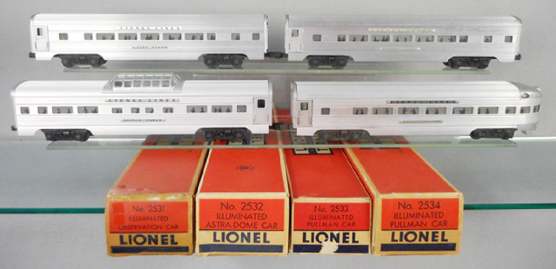 4 LIONEL PASSENGER CARS: O ga, 2522 Silver Range astra dome, 2521 Silver Dawn obsv, 2533 Silver Cloud Pullman, 2534 Silver Bluff Pullman, orig boxes minor wear, 1 incom, C7.