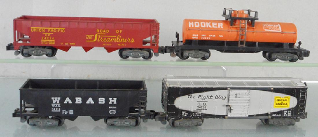 4 AMERICAN FLYER FREIGHT CARS: S ga, 24216 UP hopper, 24329 Hooker tank, 24213 Wabash hopper, 24026 Central of Georgia box car, C7-8.