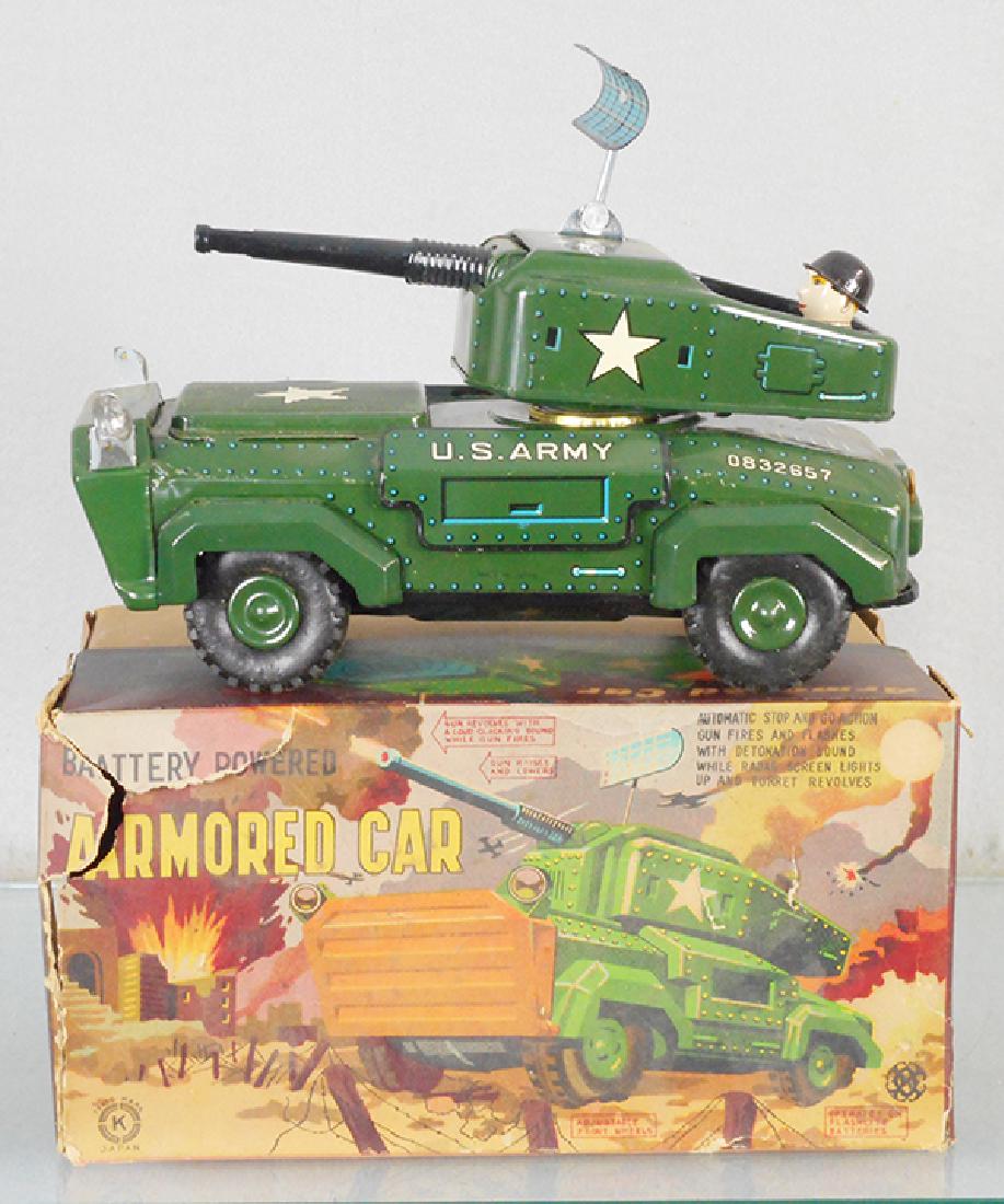 K ARMORED CAR: litho tin, battery operated, working, 9 in long, orig box minor wear, C9-10.