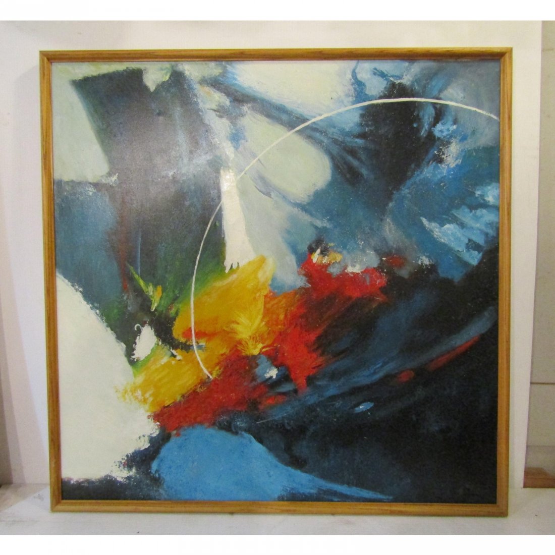 Vintage Abstract Oil Painting: This framed abstract painting uses a variety of bright colors to make a great work of art, this painting would make a perfect addition to any home or office.---Dimensions: H 37 in. x W 37 in. x D 1 in
