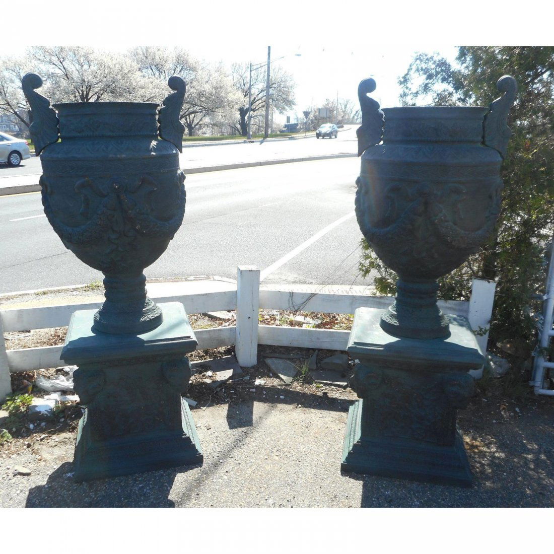 Massive Pair of Cast Iron Urns on Pedestal Bases (1 of 7)