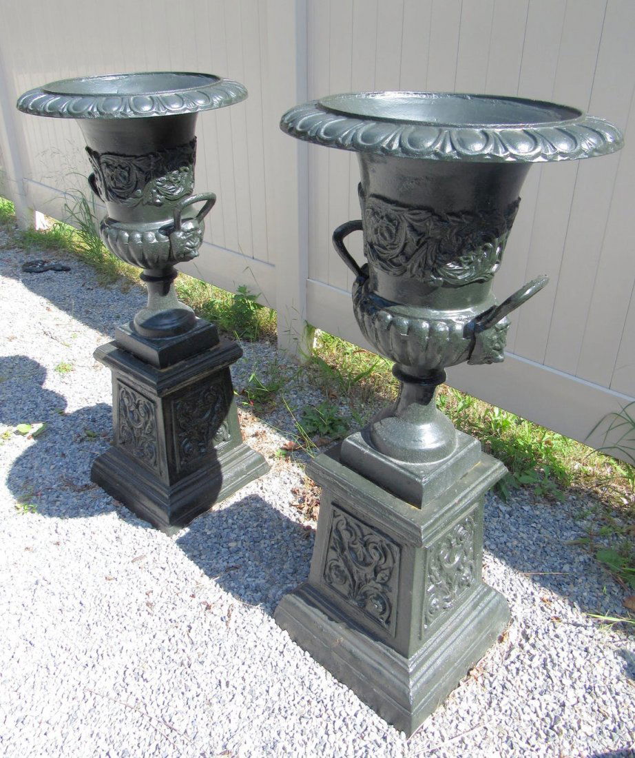 Pair of Cast Iron Urns With Handles on Pedestal Bases (1 of 6)