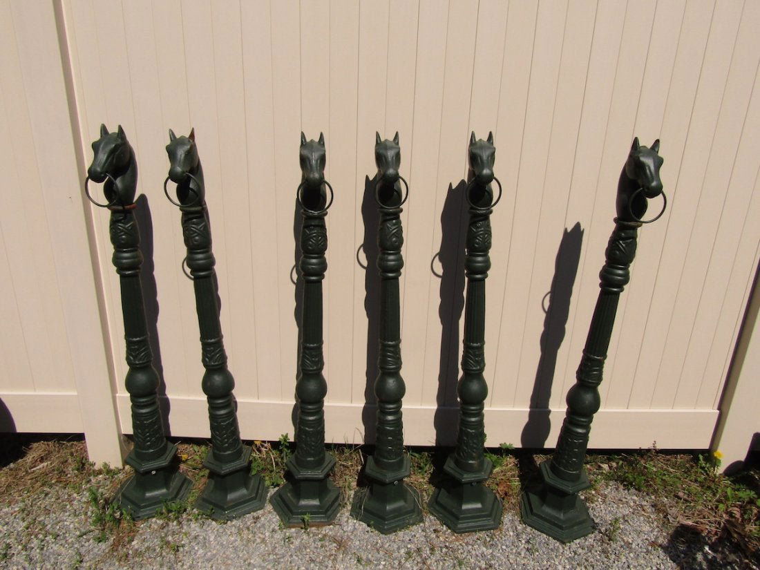 Iron Horse Head Hitching Post - SINGLE: Six cast iron horse head hitching posts. PRICE IS FOR ONE.--Dimensions-12w-12d-52.5h-Condition-light patina-Dealer reference number--227a--