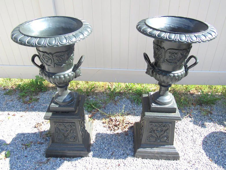 Pair of Cast Iron Urns With Handles on Pedestal Bases (1 of 5)