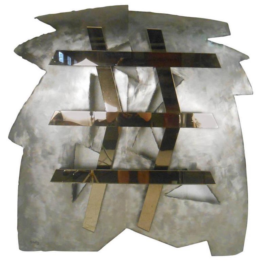 Mirrored Modernist Metal Wall Sculpture by Deidre Selig: This modernist wall sculpture by D. Selig features mirrored glass mounted on steel.---Dimensions: H 40 in. x W 39 in. x D 5 in.---Dealer Reference: 9461-7484RKc---LOCATION:New Jersey---Condition: some