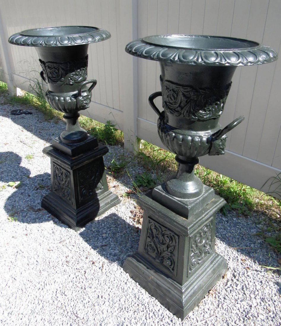 Pair of Cast Iron Urns With Handles on Pedestal Bases (1 of 5)
