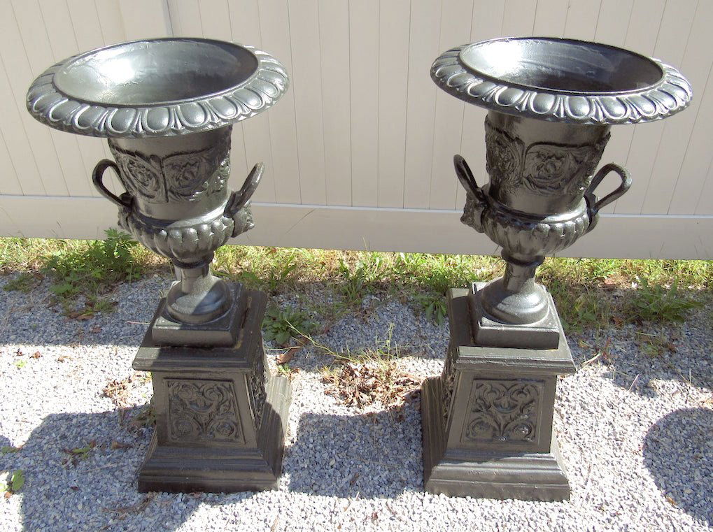 Pair of Cast Iron Urns With Handles on Pedestal Bases (1 of 5)